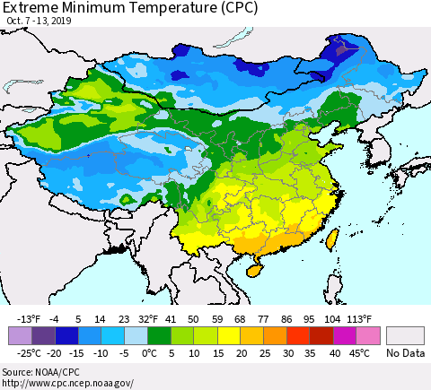 China and Taiwan Extreme Minimum Temperature (CPC) Thematic Map For 10/7/2019 - 10/13/2019