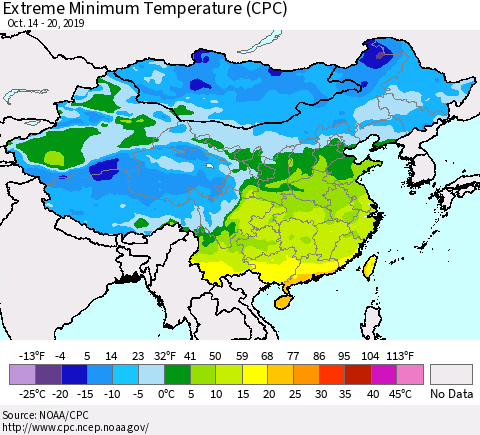 China, Mongolia and Taiwan Minimum Daily Temperature (CPC) Thematic Map For 10/14/2019 - 10/20/2019