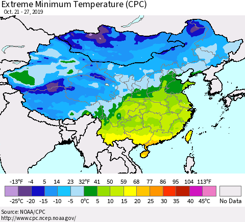 China and Taiwan Extreme Minimum Temperature (CPC) Thematic Map For 10/21/2019 - 10/27/2019