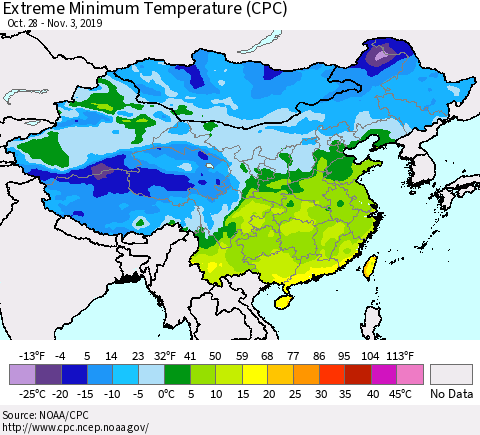 China and Taiwan Extreme Minimum Temperature (CPC) Thematic Map For 10/28/2019 - 11/3/2019