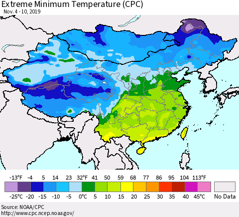 China, Mongolia and Taiwan Minimum Daily Temperature (CPC) Thematic Map For 11/4/2019 - 11/10/2019