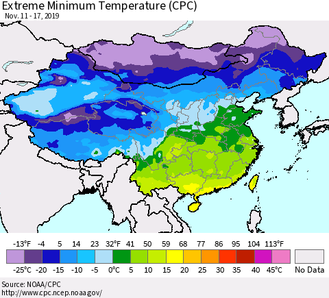 China, Mongolia and Taiwan Minimum Daily Temperature (CPC) Thematic Map For 11/11/2019 - 11/17/2019
