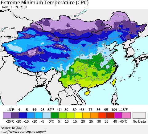 China, Mongolia and Taiwan Minimum Daily Temperature (CPC) Thematic Map For 11/18/2019 - 11/24/2019