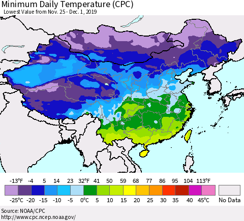 China, Mongolia and Taiwan Minimum Daily Temperature (CPC) Thematic Map For 11/25/2019 - 12/1/2019