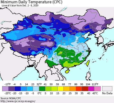 China, Mongolia and Taiwan Minimum Daily Temperature (CPC) Thematic Map For 12/2/2019 - 12/8/2019
