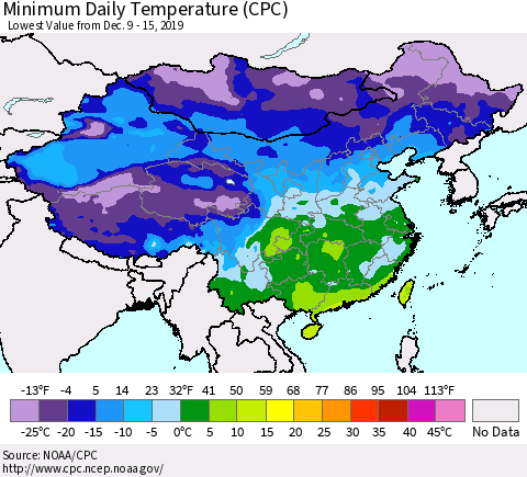 China, Mongolia and Taiwan Minimum Daily Temperature (CPC) Thematic Map For 12/9/2019 - 12/15/2019