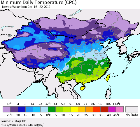 China, Mongolia and Taiwan Minimum Daily Temperature (CPC) Thematic Map For 12/16/2019 - 12/22/2019