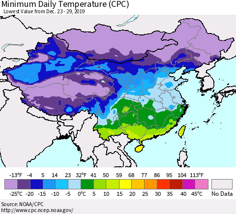 China, Mongolia and Taiwan Minimum Daily Temperature (CPC) Thematic Map For 12/23/2019 - 12/29/2019