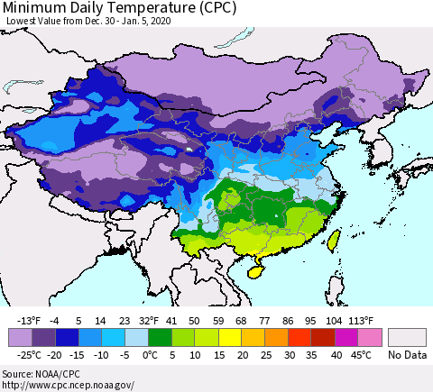 China, Mongolia and Taiwan Minimum Daily Temperature (CPC) Thematic Map For 12/30/2019 - 1/5/2020