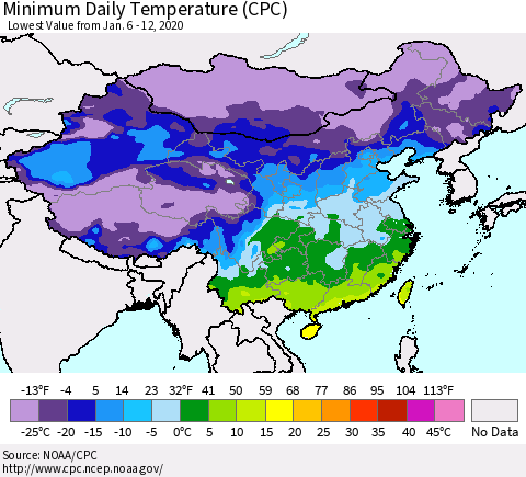 China, Mongolia and Taiwan Minimum Daily Temperature (CPC) Thematic Map For 1/6/2020 - 1/12/2020