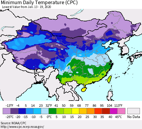 China, Mongolia and Taiwan Minimum Daily Temperature (CPC) Thematic Map For 1/13/2020 - 1/19/2020