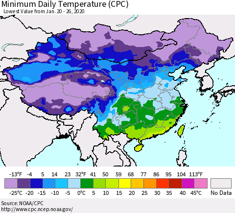 China, Mongolia and Taiwan Minimum Daily Temperature (CPC) Thematic Map For 1/20/2020 - 1/26/2020