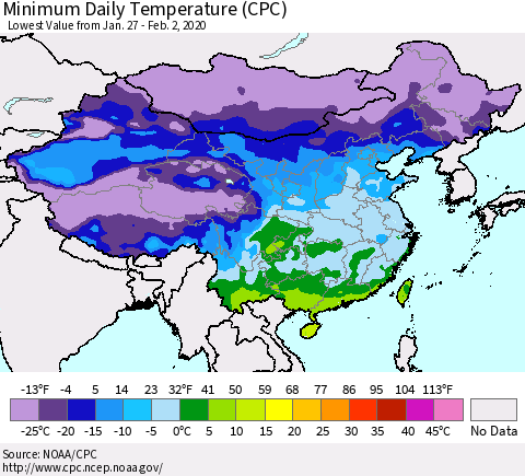 China, Mongolia and Taiwan Minimum Daily Temperature (CPC) Thematic Map For 1/27/2020 - 2/2/2020