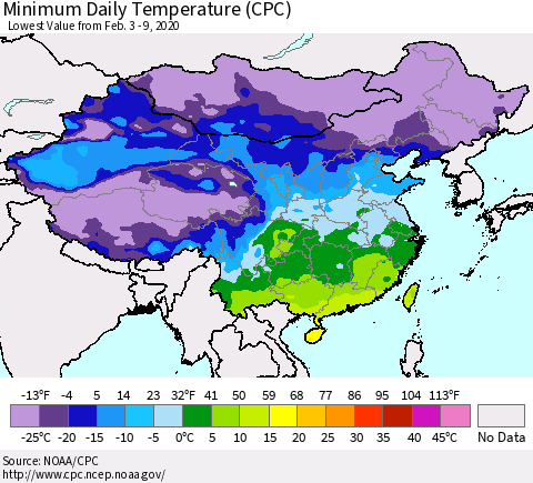 China, Mongolia and Taiwan Minimum Daily Temperature (CPC) Thematic Map For 2/3/2020 - 2/9/2020