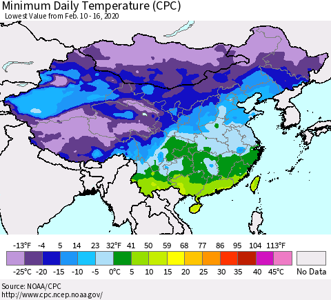 China, Mongolia and Taiwan Minimum Daily Temperature (CPC) Thematic Map For 2/10/2020 - 2/16/2020