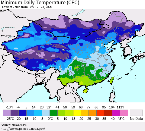 China, Mongolia and Taiwan Minimum Daily Temperature (CPC) Thematic Map For 2/17/2020 - 2/23/2020