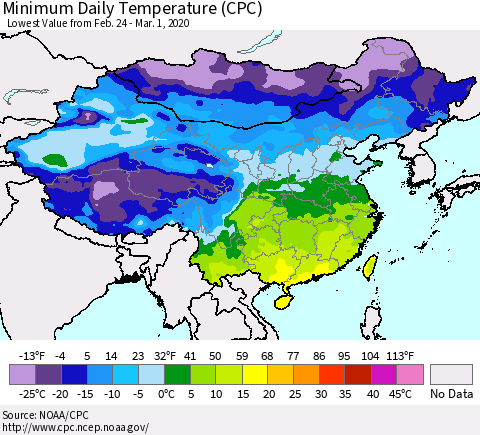 China, Mongolia and Taiwan Minimum Daily Temperature (CPC) Thematic Map For 2/24/2020 - 3/1/2020