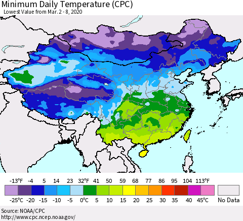 China, Mongolia and Taiwan Minimum Daily Temperature (CPC) Thematic Map For 3/2/2020 - 3/8/2020