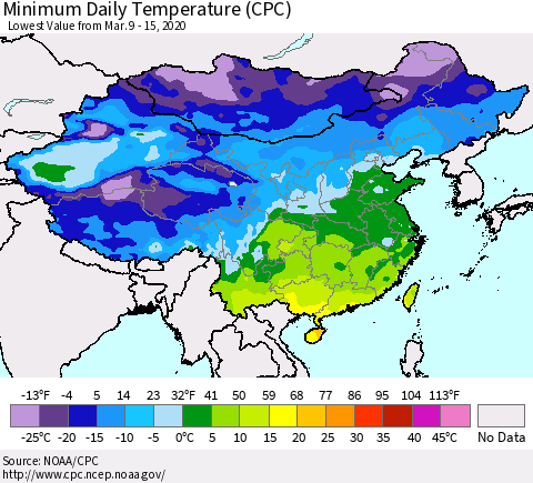 China, Mongolia and Taiwan Minimum Daily Temperature (CPC) Thematic Map For 3/9/2020 - 3/15/2020