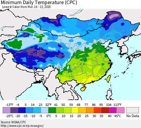 China, Mongolia and Taiwan Minimum Daily Temperature (CPC) Thematic Map For 3/16/2020 - 3/22/2020