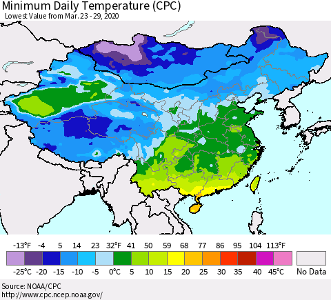 China, Mongolia and Taiwan Minimum Daily Temperature (CPC) Thematic Map For 3/23/2020 - 3/29/2020