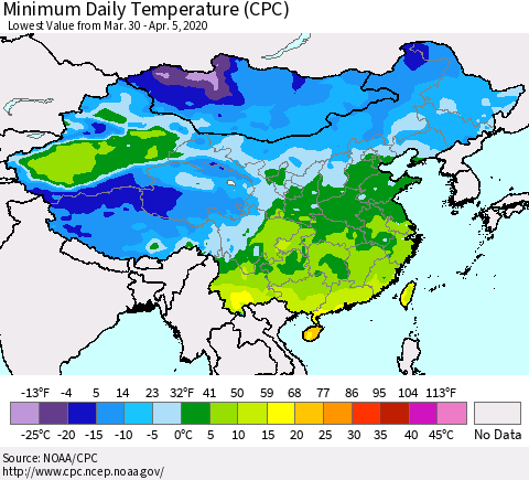China, Mongolia and Taiwan Minimum Daily Temperature (CPC) Thematic Map For 3/30/2020 - 4/5/2020