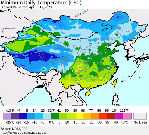 China, Mongolia and Taiwan Minimum Daily Temperature (CPC) Thematic Map For 4/6/2020 - 4/12/2020
