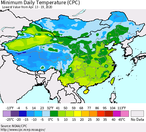 China, Mongolia and Taiwan Minimum Daily Temperature (CPC) Thematic Map For 4/13/2020 - 4/19/2020