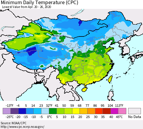 China, Mongolia and Taiwan Minimum Daily Temperature (CPC) Thematic Map For 4/20/2020 - 4/26/2020