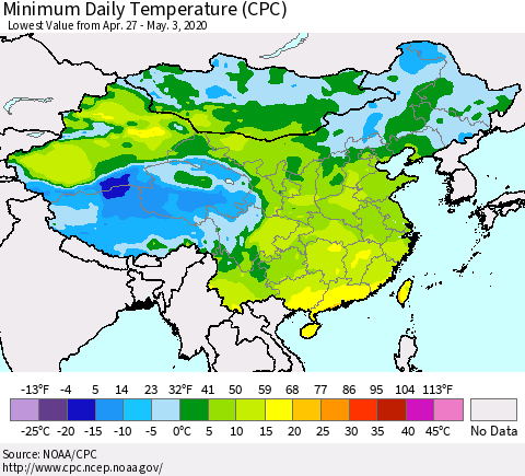 China, Mongolia and Taiwan Minimum Daily Temperature (CPC) Thematic Map For 4/27/2020 - 5/3/2020