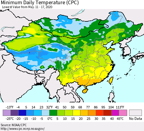 China, Mongolia and Taiwan Minimum Daily Temperature (CPC) Thematic Map For 5/11/2020 - 5/17/2020