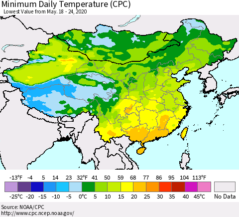 China, Mongolia and Taiwan Minimum Daily Temperature (CPC) Thematic Map For 5/18/2020 - 5/24/2020