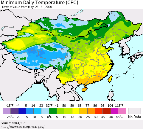 China, Mongolia and Taiwan Minimum Daily Temperature (CPC) Thematic Map For 5/25/2020 - 5/31/2020