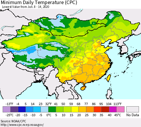 China, Mongolia and Taiwan Minimum Daily Temperature (CPC) Thematic Map For 6/8/2020 - 6/14/2020