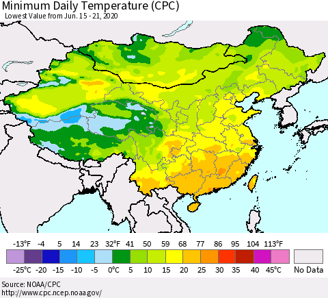China, Mongolia and Taiwan Minimum Daily Temperature (CPC) Thematic Map For 6/15/2020 - 6/21/2020