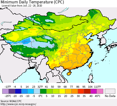 China, Mongolia and Taiwan Minimum Daily Temperature (CPC) Thematic Map For 6/22/2020 - 6/28/2020