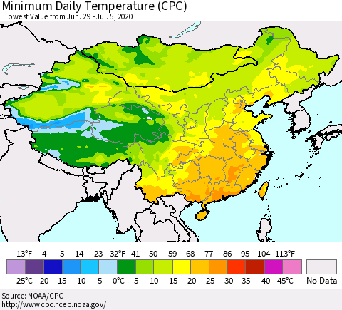 China, Mongolia and Taiwan Minimum Daily Temperature (CPC) Thematic Map For 6/29/2020 - 7/5/2020