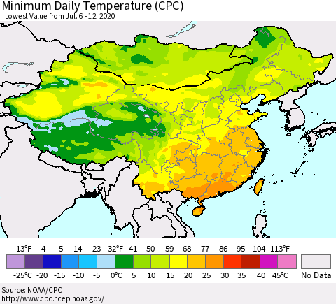 China, Mongolia and Taiwan Minimum Daily Temperature (CPC) Thematic Map For 7/6/2020 - 7/12/2020