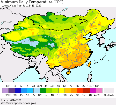 China, Mongolia and Taiwan Minimum Daily Temperature (CPC) Thematic Map For 7/13/2020 - 7/19/2020