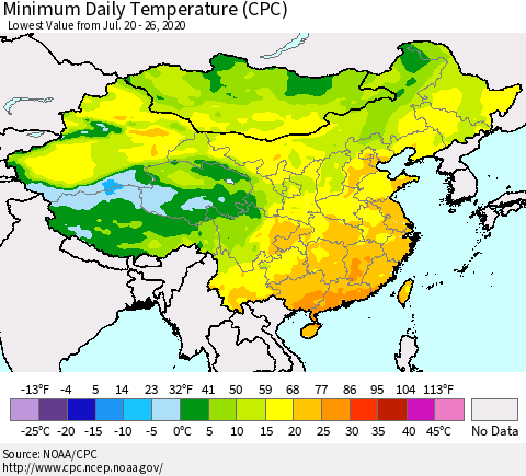 China, Mongolia and Taiwan Minimum Daily Temperature (CPC) Thematic Map For 7/20/2020 - 7/26/2020