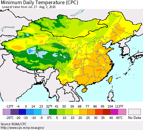 China, Mongolia and Taiwan Minimum Daily Temperature (CPC) Thematic Map For 7/27/2020 - 8/2/2020