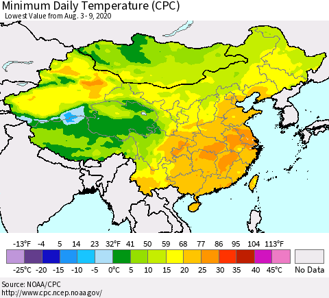 China, Mongolia and Taiwan Minimum Daily Temperature (CPC) Thematic Map For 8/3/2020 - 8/9/2020