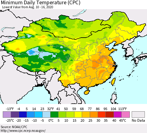 China, Mongolia and Taiwan Minimum Daily Temperature (CPC) Thematic Map For 8/10/2020 - 8/16/2020