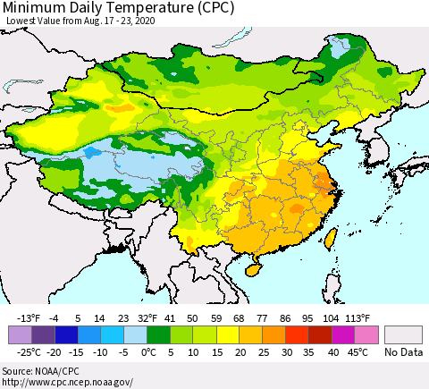 China, Mongolia and Taiwan Minimum Daily Temperature (CPC) Thematic Map For 8/17/2020 - 8/23/2020