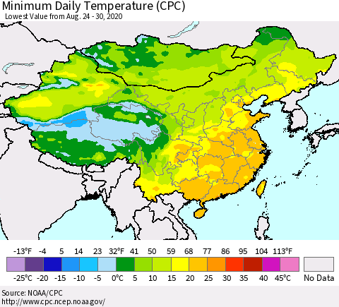 China, Mongolia and Taiwan Minimum Daily Temperature (CPC) Thematic Map For 8/24/2020 - 8/30/2020