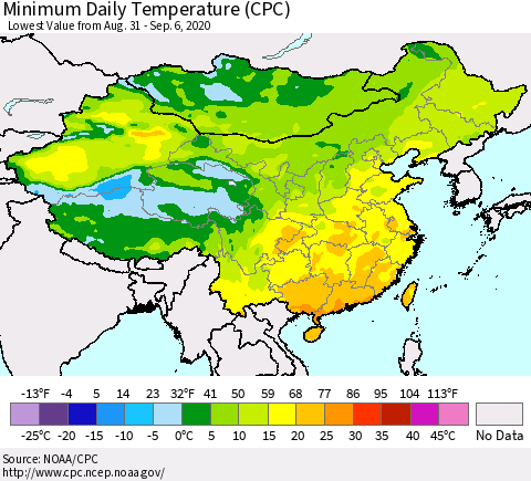 China, Mongolia and Taiwan Minimum Daily Temperature (CPC) Thematic Map For 8/31/2020 - 9/6/2020