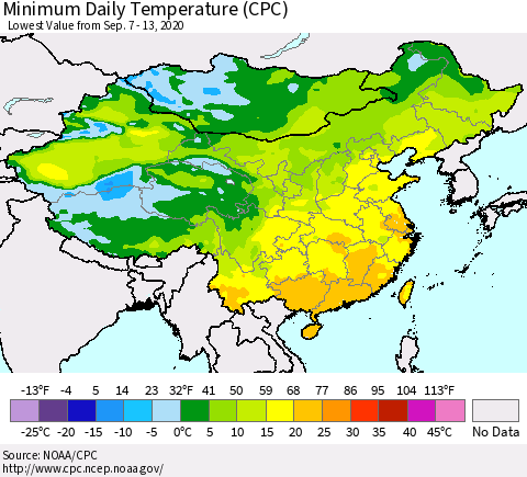 China, Mongolia and Taiwan Minimum Daily Temperature (CPC) Thematic Map For 9/7/2020 - 9/13/2020