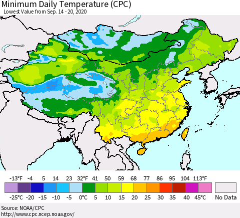China, Mongolia and Taiwan Minimum Daily Temperature (CPC) Thematic Map For 9/14/2020 - 9/20/2020