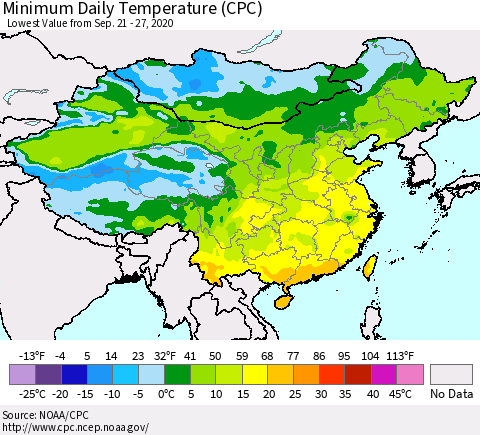 China, Mongolia and Taiwan Minimum Daily Temperature (CPC) Thematic Map For 9/21/2020 - 9/27/2020