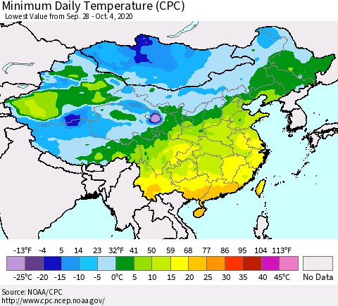 China, Mongolia and Taiwan Minimum Daily Temperature (CPC) Thematic Map For 9/28/2020 - 10/4/2020